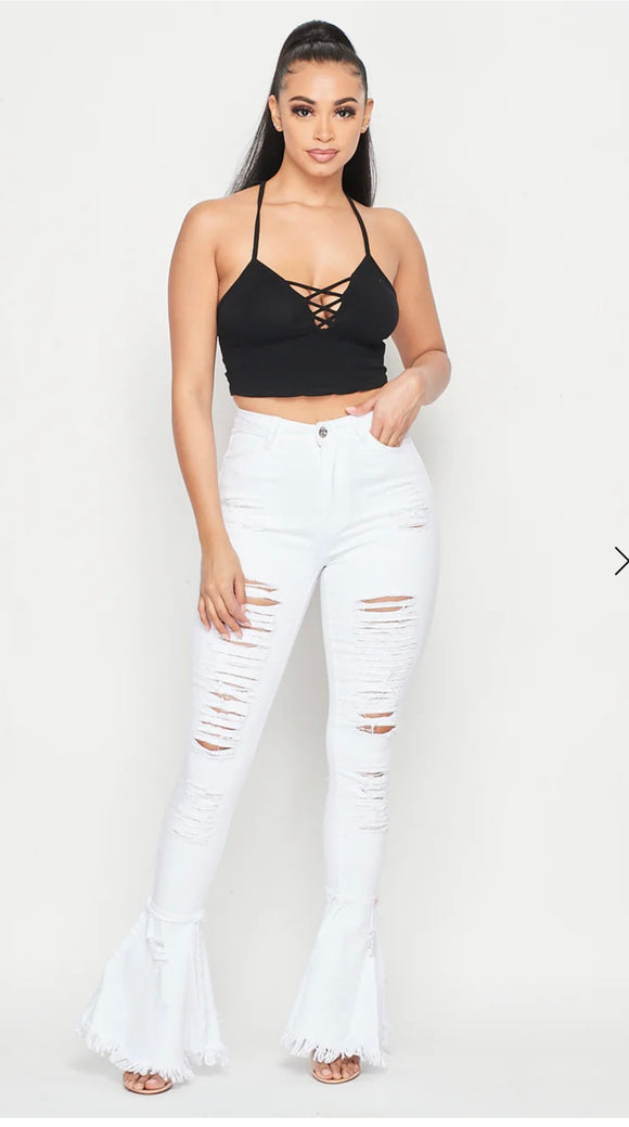 WHITE DARE TO BE FLARED DISTRESSED HIGH WAISTED JEANS