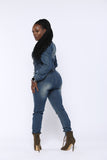 SHE'S FITTED DISTRESSED DENIM WASHED BELTED JUMPSUIT