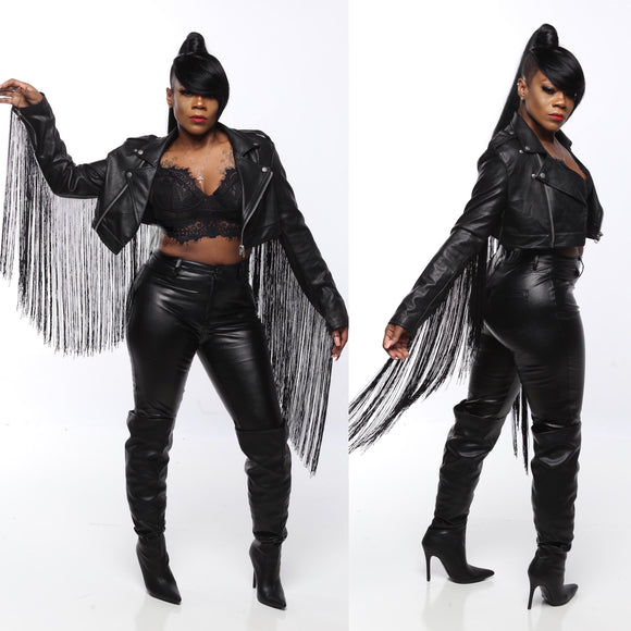 BLACK PANTHER FAUX LEATHER FRINGED CROP JACKET