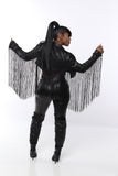 BLACK PANTHER FAUX LEATHER FRINGED CROP JACKET